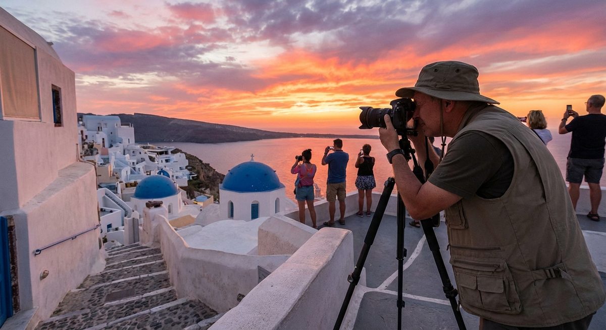 Fotograf beim Sonnenuntergang in Oia, Santorini
