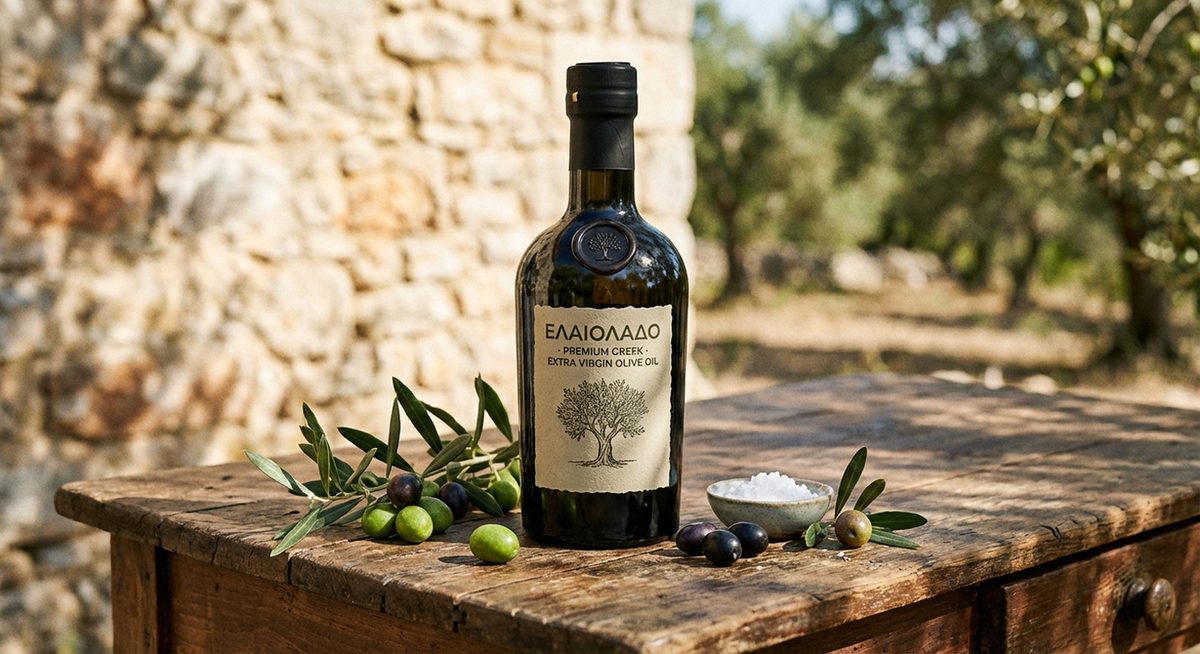 Premium griechisches Olivenöl mit frischen Oliven