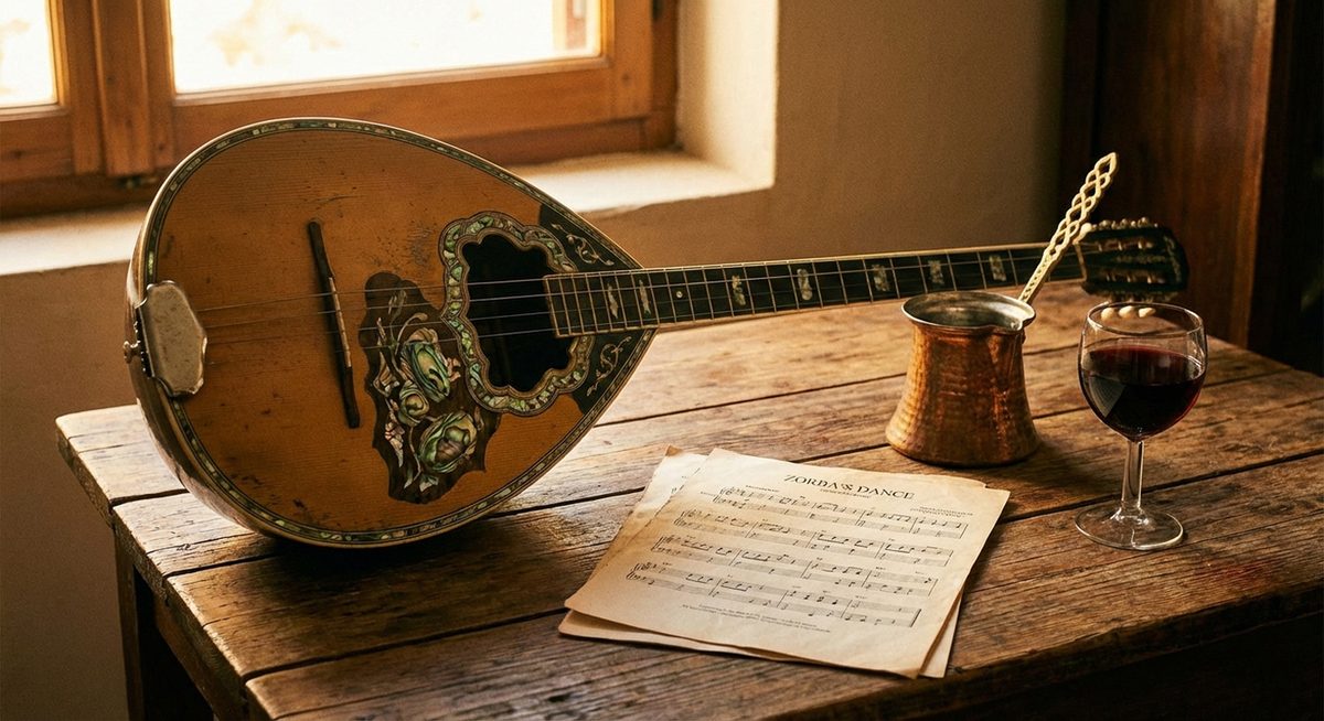 Traditionelle griechische Bouzouki auf Holztisch