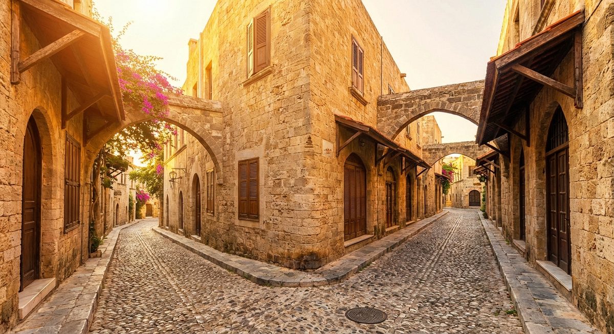 Mittelalterliche Altstadt von Rhodos mit Kopfsteinpflaster und Steinbögen